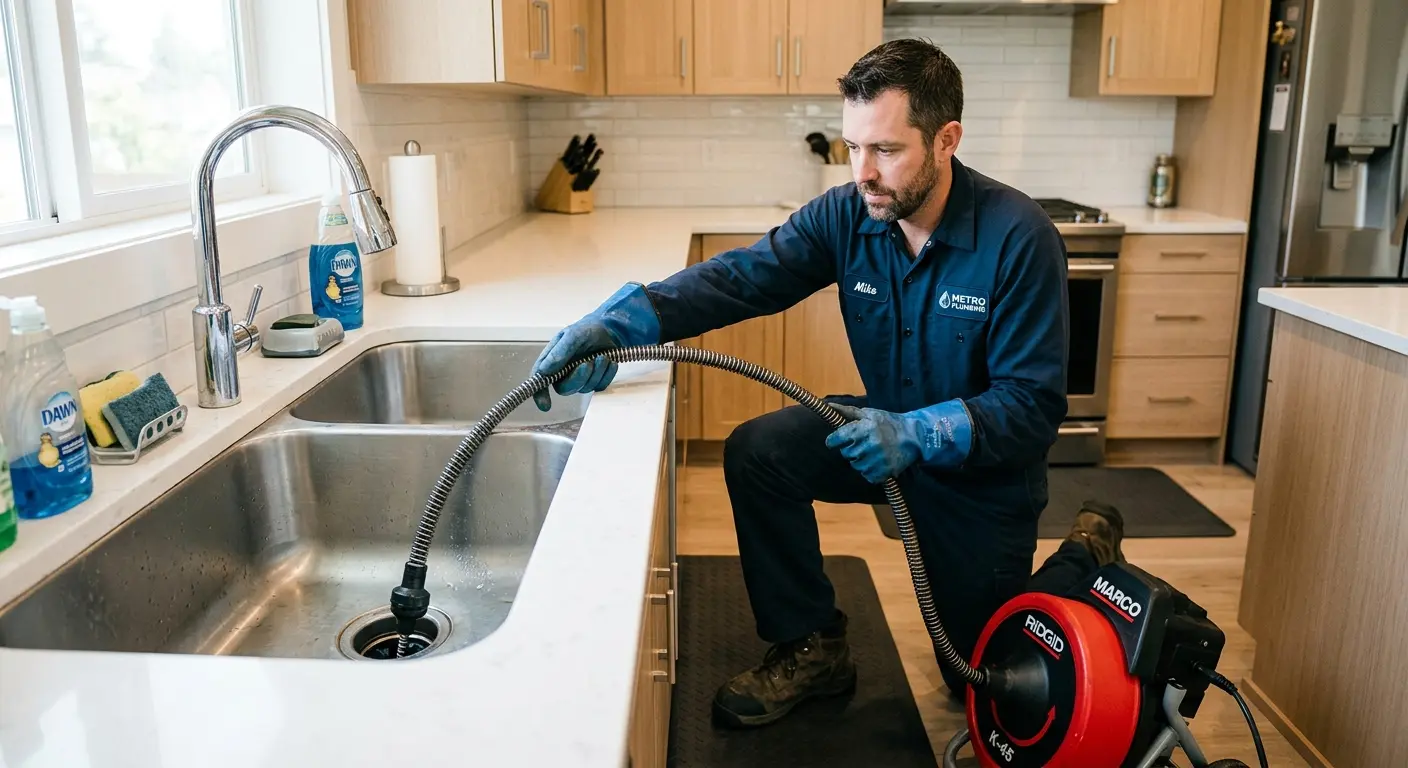Drain cleaning technician using a motorized snake on a kitchen sink in Warminster