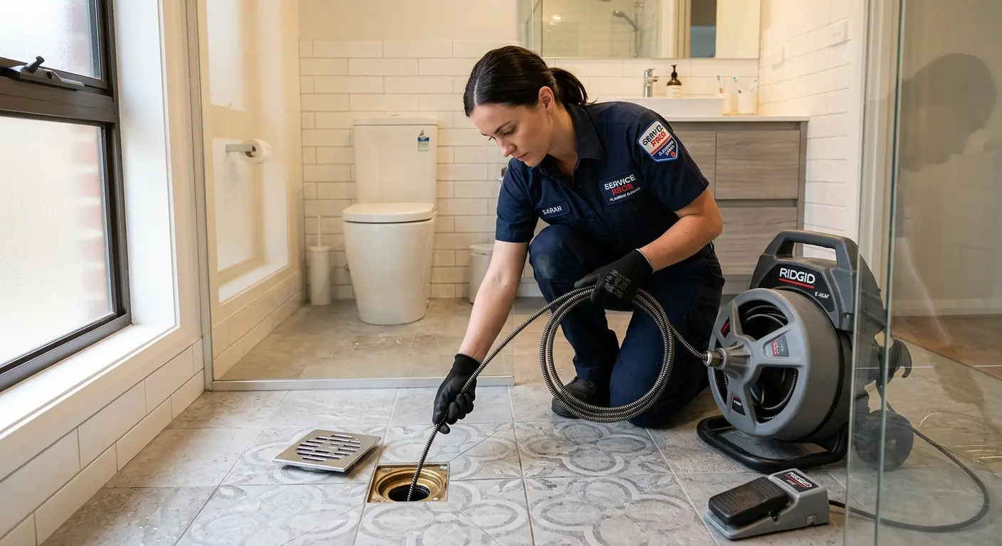 Technician clearing a bathroom floor drain for Drain Repair in Warminster